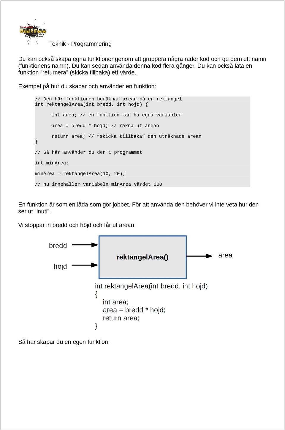 Exempel på hur du skapar och använder en funktion: // Den här funktionen beräknar arean på en rektangel int rektangelarea(int bredd, int hojd) { int area; // en funktion kan ha egna variabler area =