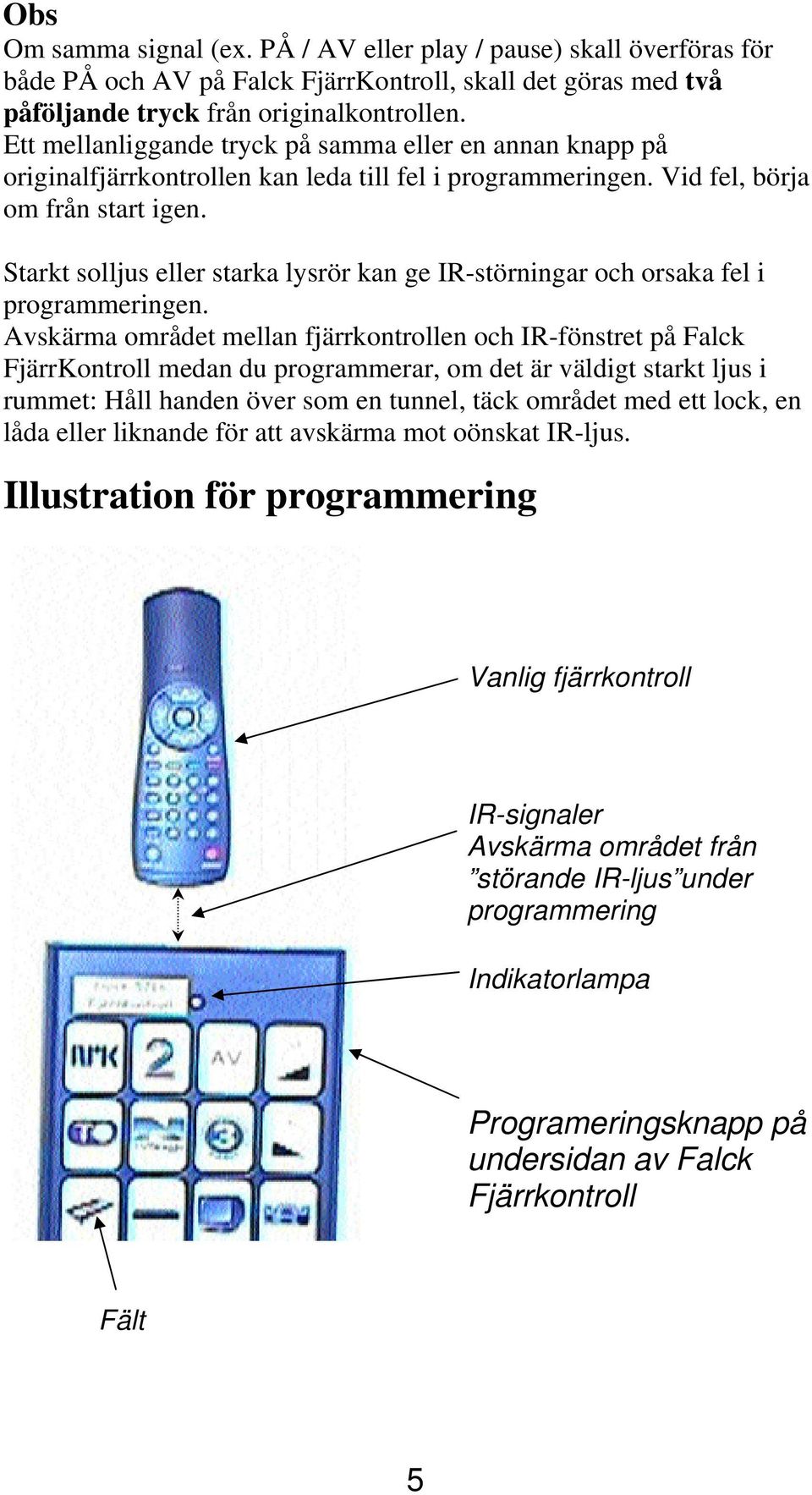 Starkt solljus eller starka lysrör kan ge IR-störningar och orsaka fel i programmeringen.