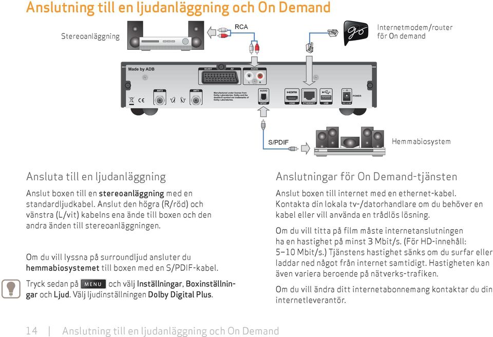 Om du vill lyssna på surroundljud ansluter du hemmabiosystemet till boxen med en S/PDIF-kabel. Tryck sedan på och välj Inställningar, Boxinställningar och Ljud.