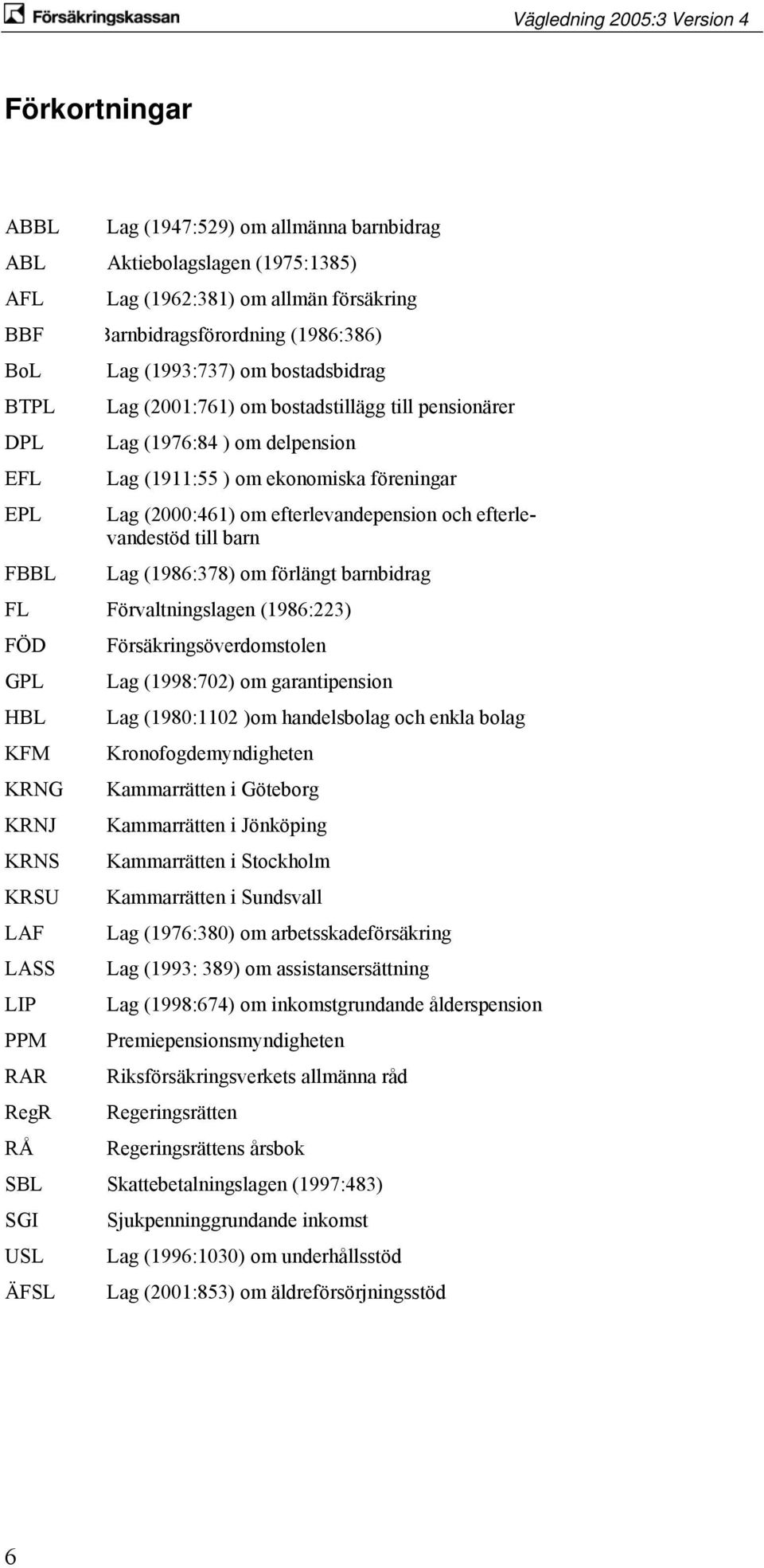 efterlevandestöd till barn FBBL Lag (1986:378) om förlängt barnbidrag FL Förvaltningslagen (1986:223) FÖD Försäkringsöverdomstolen GPL Lag (1998:702) om garantipension HBL Lag (1980:1102 )om