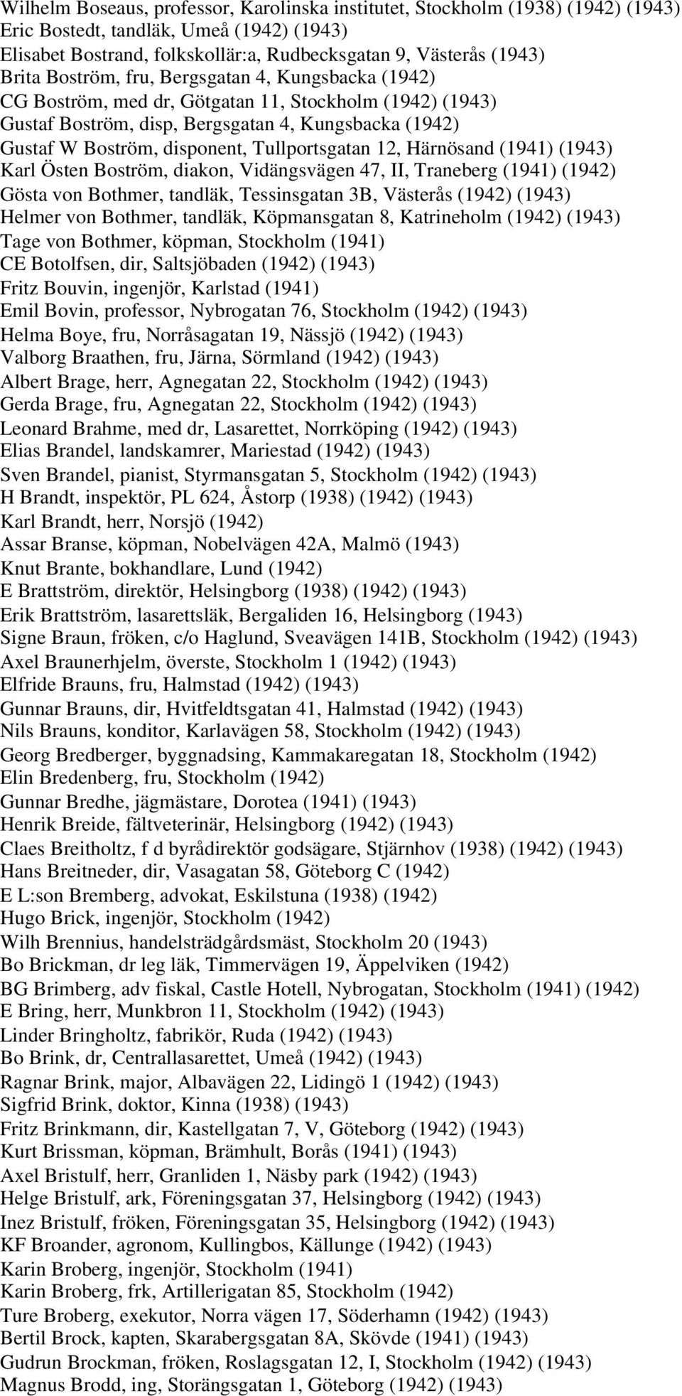 Tullportsgatan 12, Härnösand (1941) (1943) Karl Östen Boström, diakon, Vidängsvägen 47, II, Traneberg (1941) (1942) Gösta von Bothmer, tandläk, Tessinsgatan 3B, Västerås (1942) (1943) Helmer von