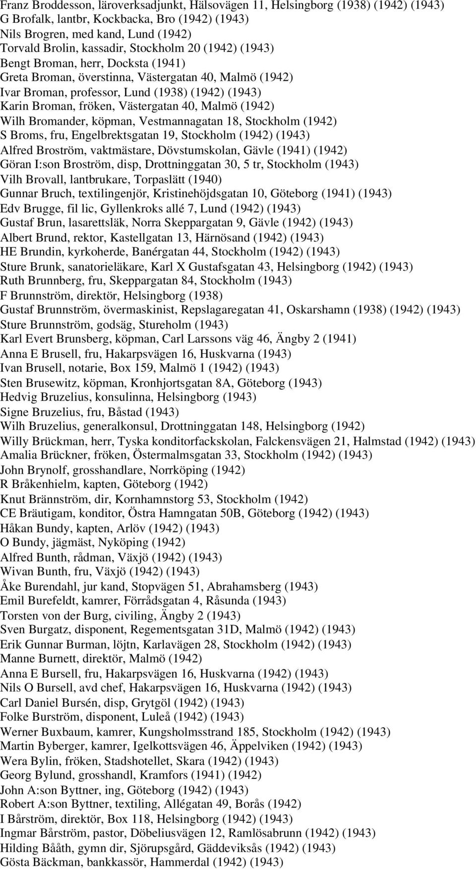 Västergatan 40, Malmö (1942) Wilh Bromander, köpman, Vestmannagatan 18, Stockholm (1942) S Broms, fru, Engelbrektsgatan 19, Stockholm (1942) (1943) Alfred Broström, vaktmästare, Dövstumskolan, Gävle