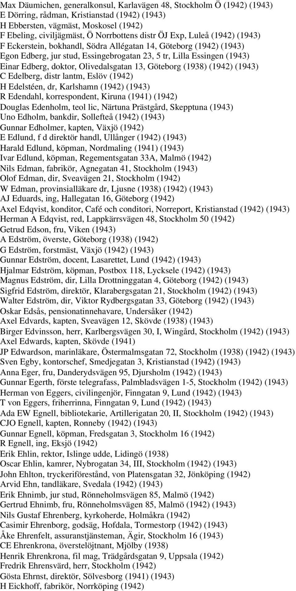Olivedalsgatan 13, Göteborg (1938) (1942) (1943) C Edelberg, distr lantm, Eslöv (1942) H Edelstéen, dr, Karlshamn (1942) (1943) R Edendahl, korrespondent, Kiruna (1941) (1942) Douglas Edenholm, teol