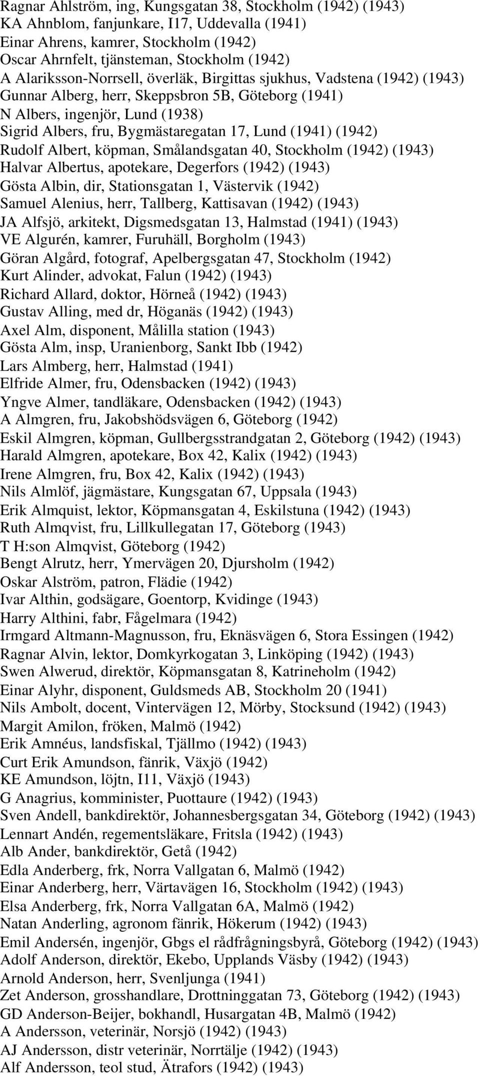 Lund (1941) (1942) Rudolf Albert, köpman, Smålandsgatan 40, Stockholm (1942) (1943) Halvar Albertus, apotekare, Degerfors (1942) (1943) Gösta Albin, dir, Stationsgatan 1, Västervik (1942) Samuel