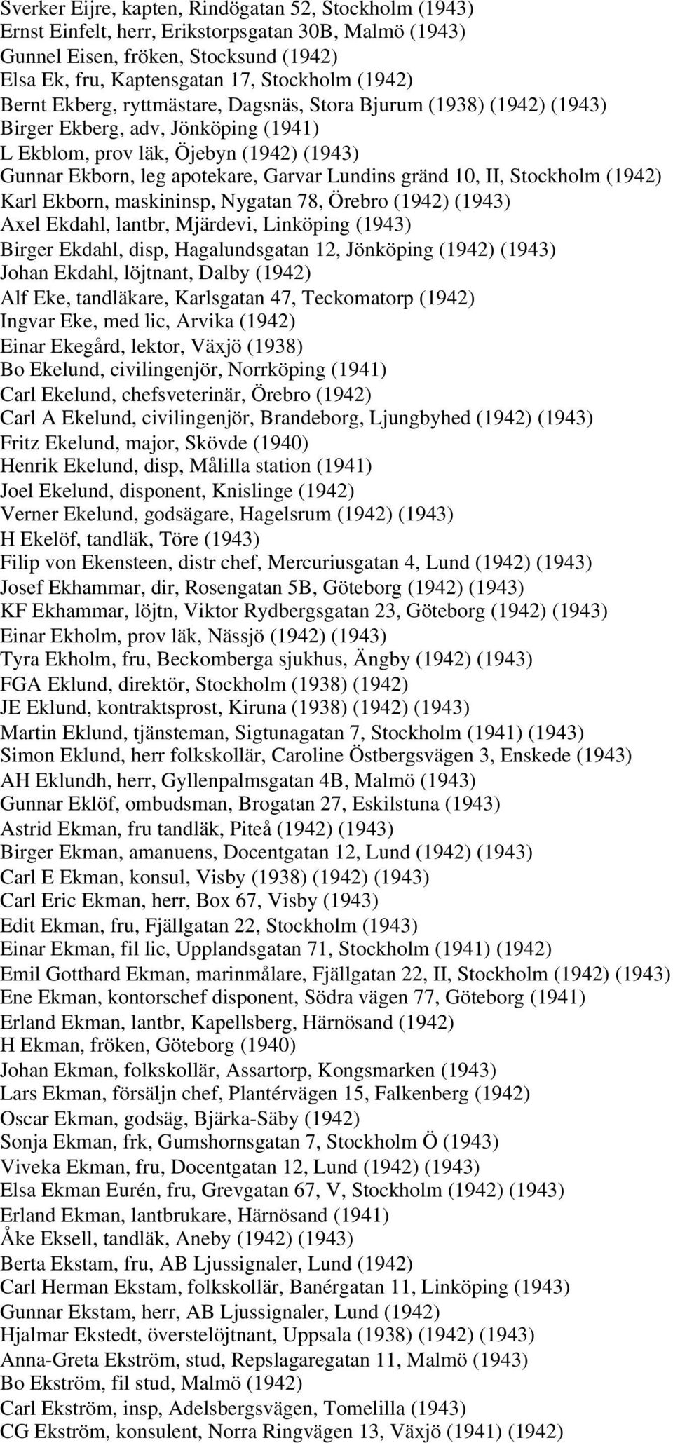 10, II, Stockholm (1942) Karl Ekborn, maskininsp, Nygatan 78, Örebro (1942) (1943) Axel Ekdahl, lantbr, Mjärdevi, Linköping (1943) Birger Ekdahl, disp, Hagalundsgatan 12, Jönköping (1942) (1943)