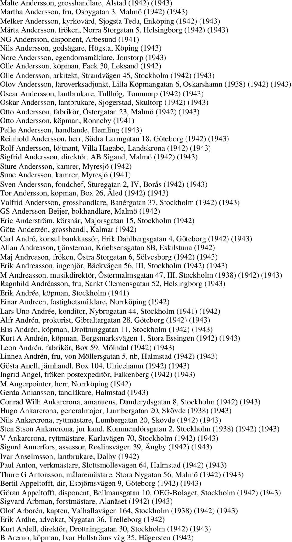 köpman, Fack 30, Leksand (1942) Olle Andersson, arkitekt, Strandvägen 45, Stockholm (1942) (1943) Olov Andersson, läroverksadjunkt, Lilla Köpmangatan 6, Oskarshamn (1938) (1942) (1943) Oscar