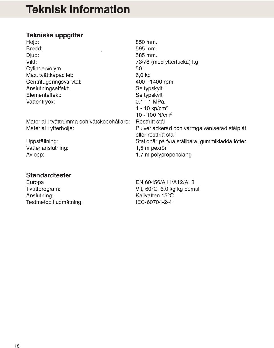 1-10 kp/cm 2 Material i tvättrumma och vätskebehållare: Material i ytterhölje: Uppställning: Vattenanslutning: Avlopp: 10-100 N/cm 2 Rostfritt stål Pulverlackerad och