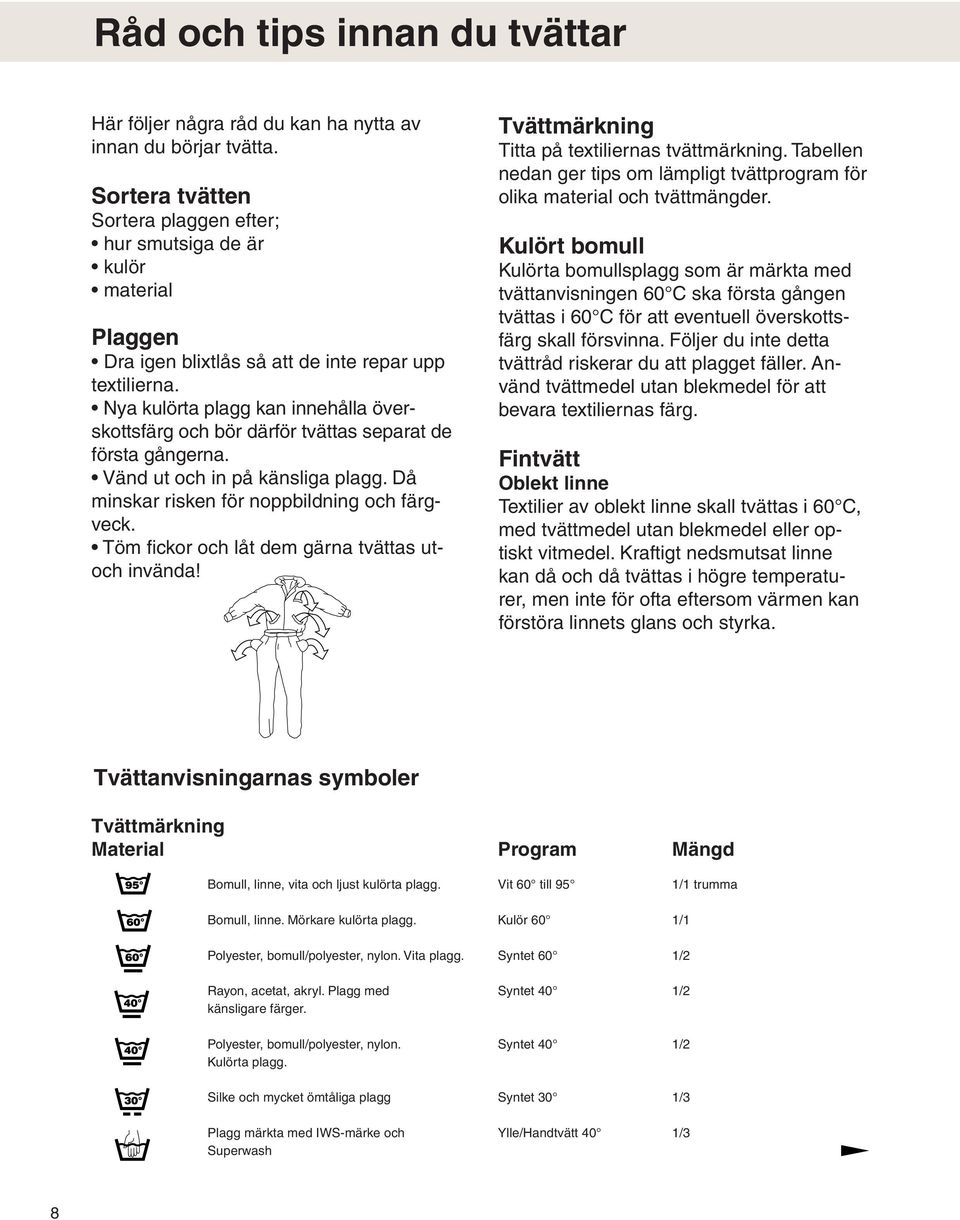 Nya kulörta plagg kan innehålla överskottsfärg och bör därför tvättas separat de första gångerna. Vänd ut och in på känsliga plagg. Då minskar risken för noppbildning och färgveck.