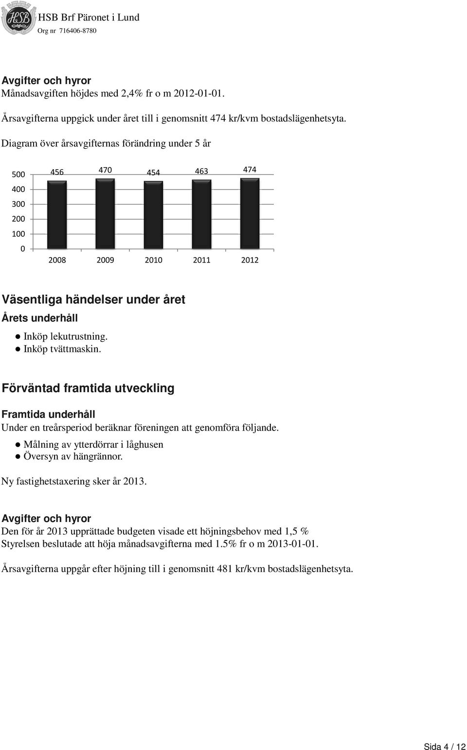 Inköp tvättmaskin. Förväntad framtida utveckling Framtida underhåll Under en treårsperiod beräknar föreningen att genomföra följande. Målning av ytterdörrar i låghusen Översyn av hängrännor.