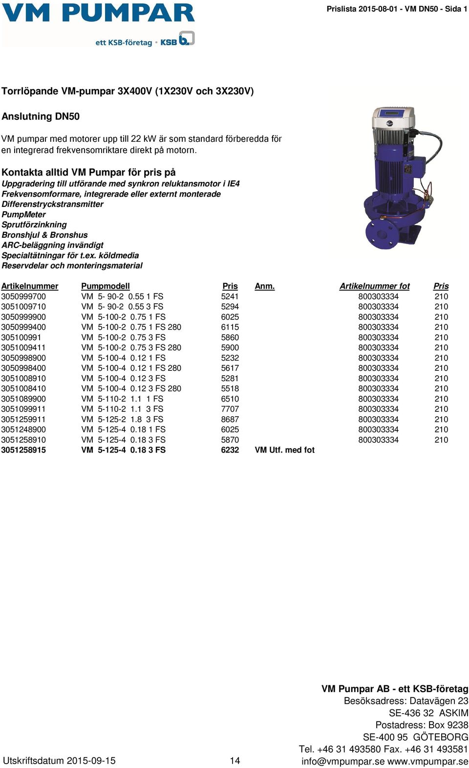 Kontakta alltid VM Pumpar för pris på Uppgradering till utförande med synkron reluktansmotor i IE4 Frekvensomformare, integrerade eller externt monterade Differenstryckstransmitter PumpMeter