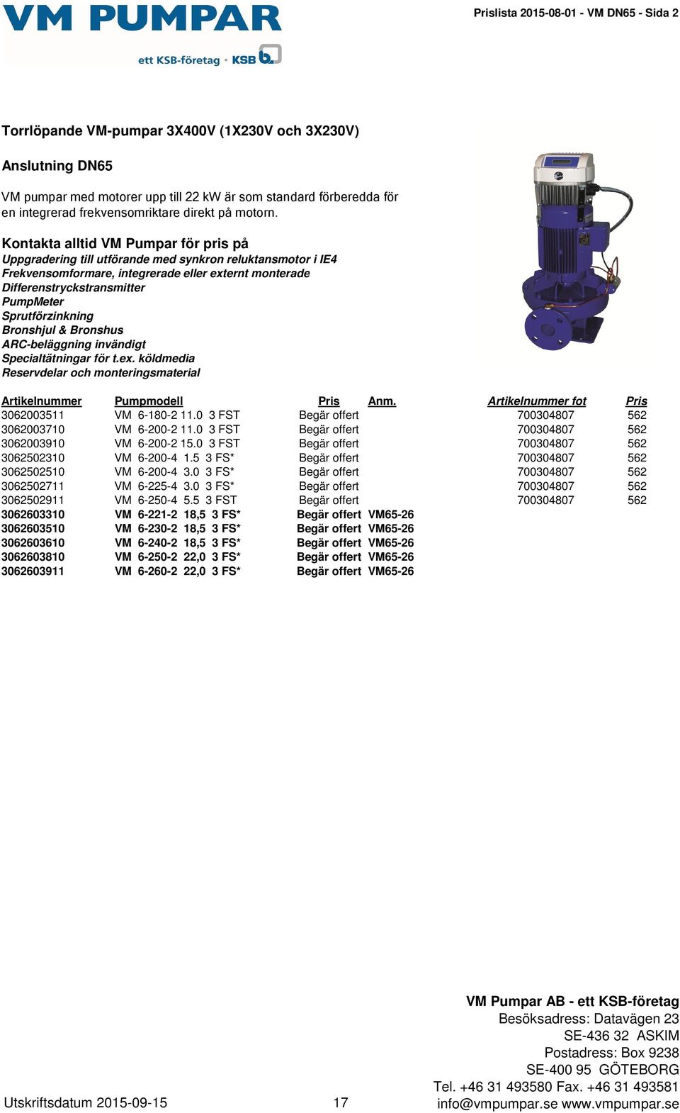 Kontakta alltid VM Pumpar för pris på Uppgradering till utförande med synkron reluktansmotor i IE4 Frekvensomformare, integrerade eller externt monterade Differenstryckstransmitter PumpMeter