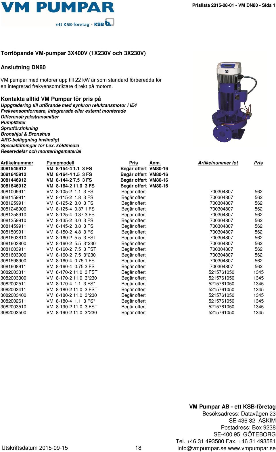 Kontakta alltid VM Pumpar för pris på Uppgradering till utförande med synkron reluktansmotor i IE4 Frekvensomformare, integrerade eller externt monterade Differenstryckstransmitter PumpMeter