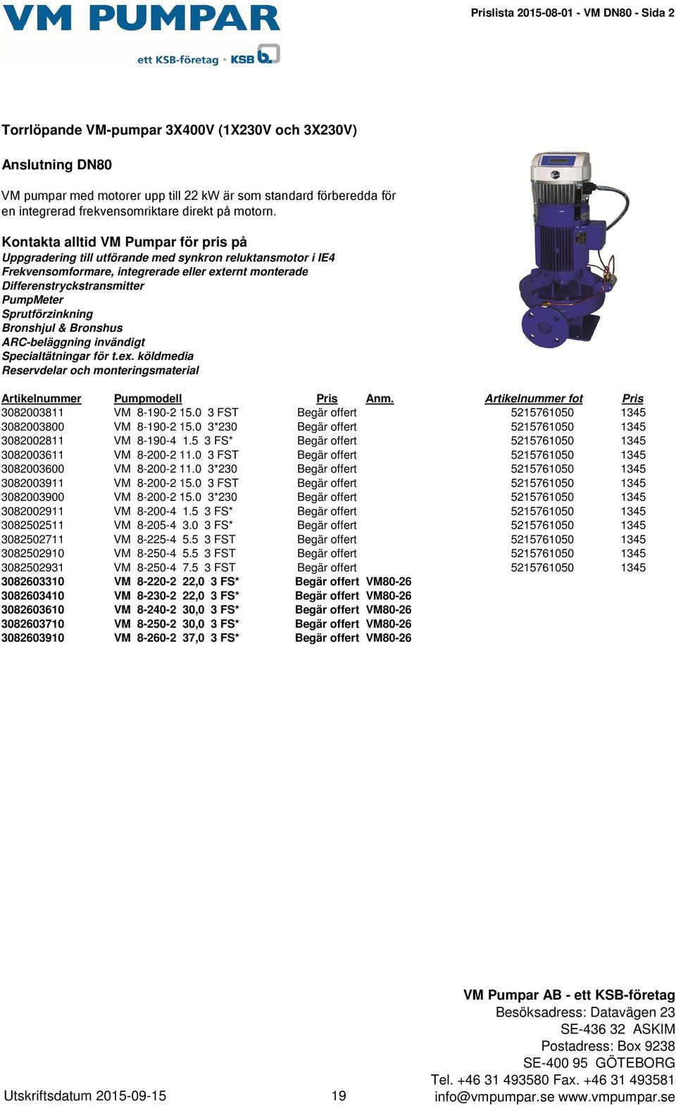 Kontakta alltid VM Pumpar för pris på Uppgradering till utförande med synkron reluktansmotor i IE4 Frekvensomformare, integrerade eller externt monterade Differenstryckstransmitter PumpMeter