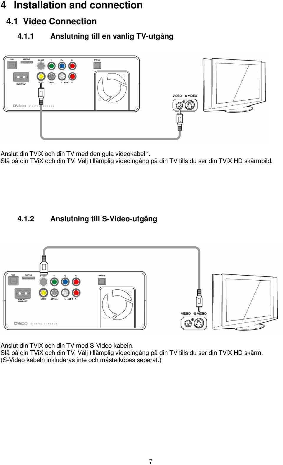 Slå på din TViX och din TV. Välj tillämplig videoingång på din TV tills du ser din TViX HD skärmbild. 4.1.