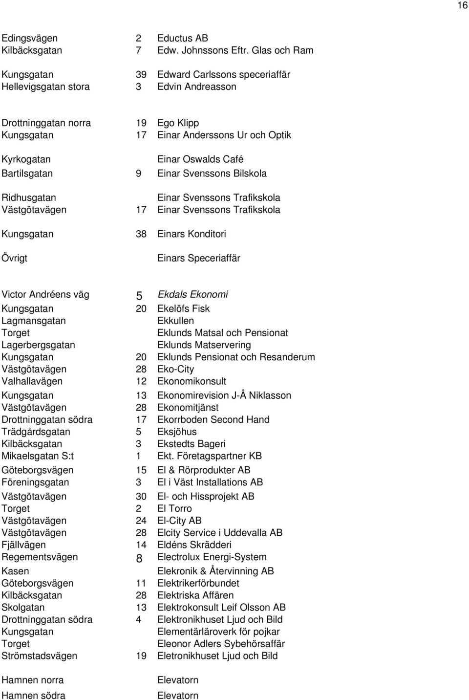 Café Bartilsgatan 9 Einar Svenssons Bilskola Ridhusgatan Einar Svenssons Trafikskola Västgötavägen 17 Einar Svenssons Trafikskola Kungsgatan 38 Einars Konditori Einars Speceriaffär Victor Andréens
