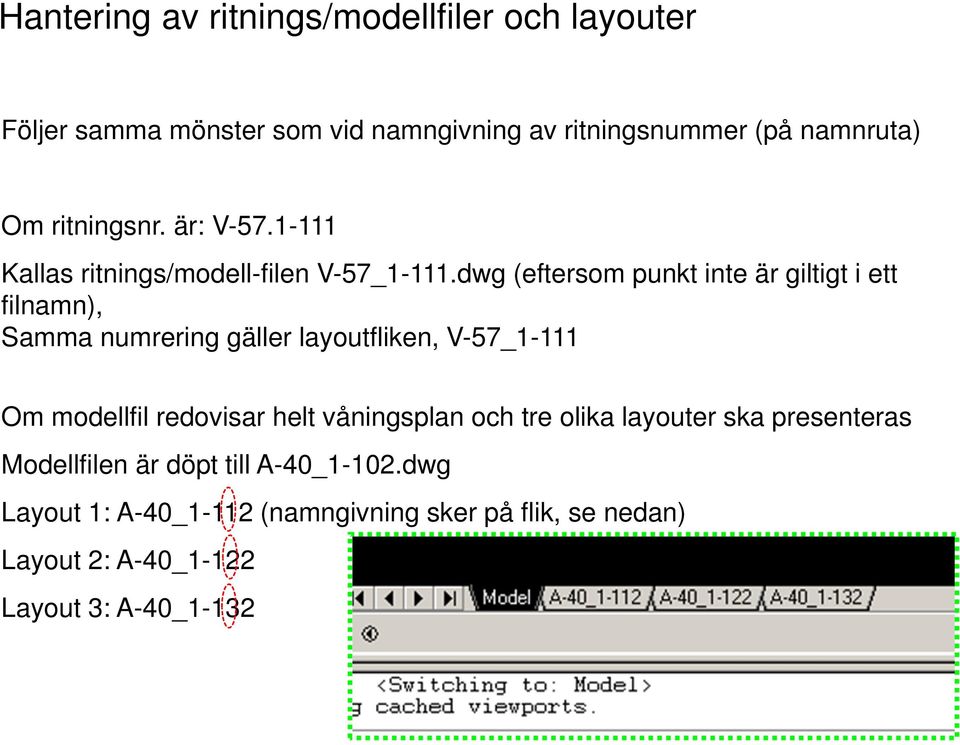 dwg (eftersom punkt inte är giltigt i ett filnamn), Samma numrering gäller layoutfliken, V-57_1-111 Om modellfil redovisar