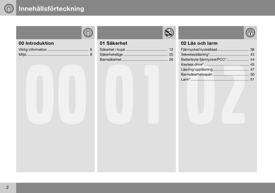 .. 26 02 Lås och larm Fjärrnyckel/nyckelblad... 38 Sekretesslåsning*.