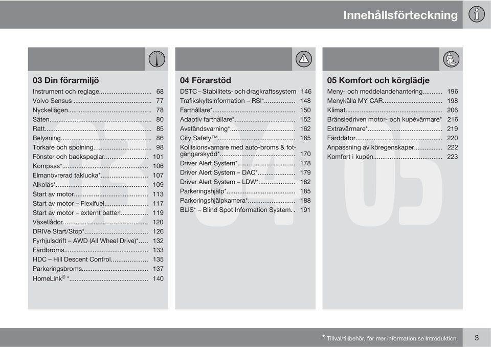 .. 98 Kollisionsvarnare med auto-broms & fotgängarskydd*... 170 Fönster och backspeglar... 101 Kompass*... 106 Driver Alert System*... 178 Elmanövrerad taklucka*... 107 Driver Alert System DAC*.