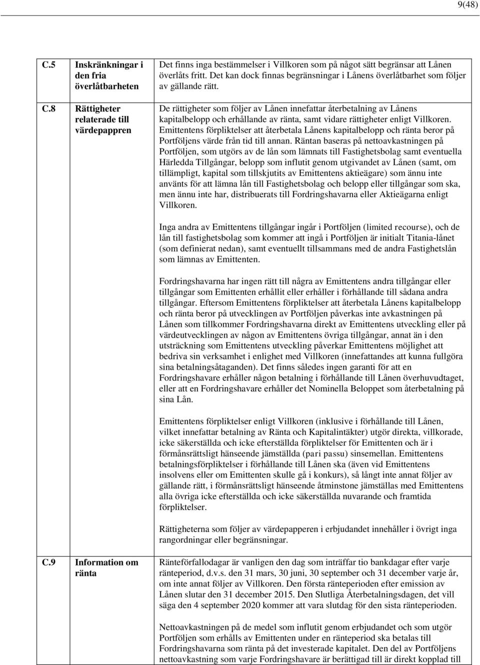 De rättigheter som följer av Lånen innefattar återbetalning av Lånens kapitalbelopp och erhållande av ränta, samt vidare rättigheter enligt Villkoren.