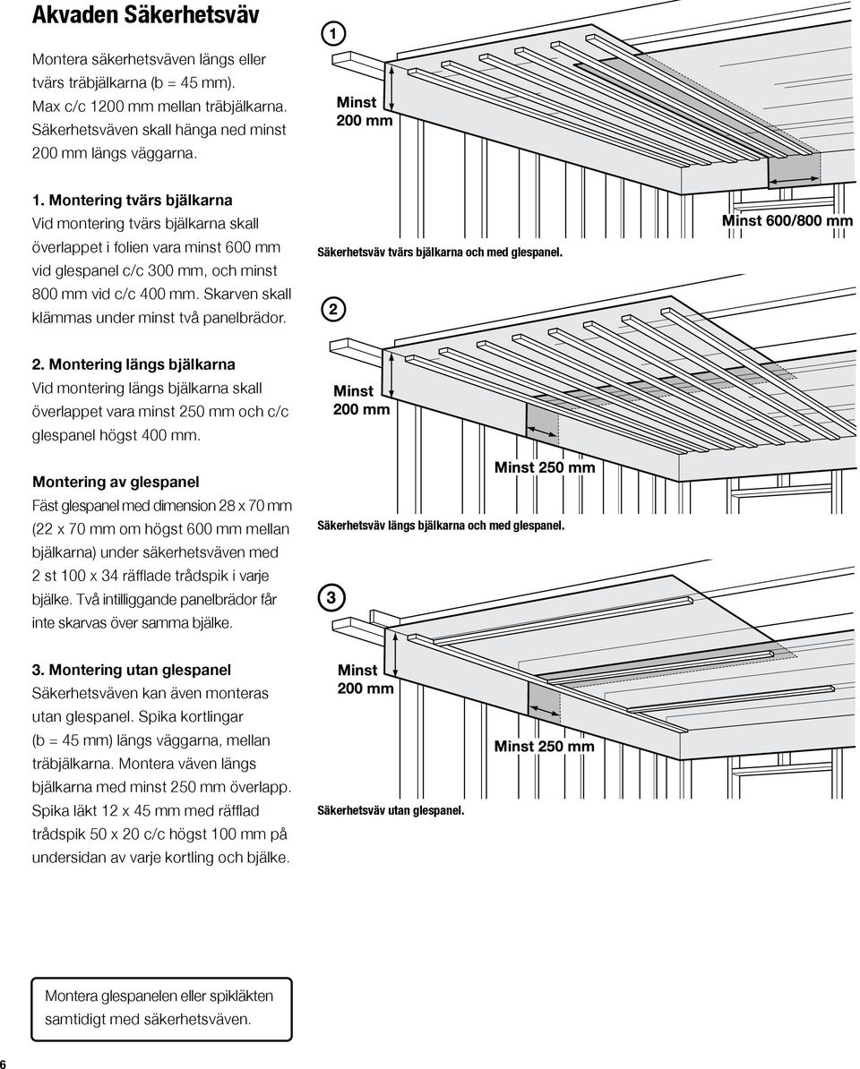 Montering tvärs bjälkarna Vid montering tvärs bjälkarna skall överlappet i folien vara minst 600 mm vid glespanel c/c 300 mm, och minst 800 mm vid c/c 400 mm.