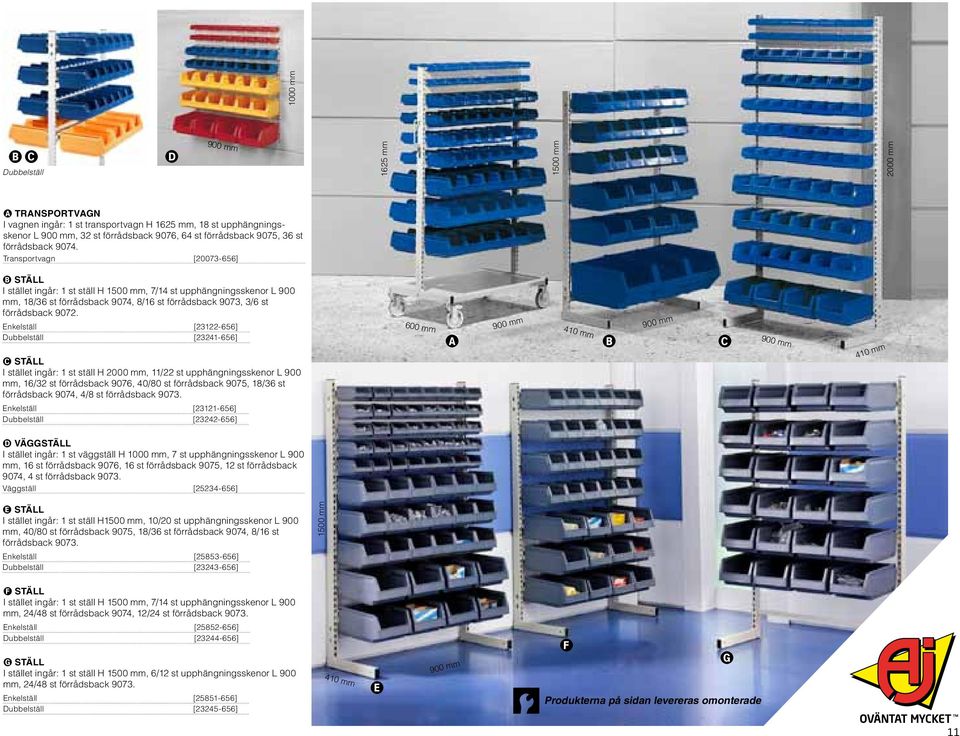 Transportvagn [20073-656] B Ställ I stället ingår: 1 st ställ H 1500 mm, 7/14 st upphängningsskenor L 900 mm, 18/36 st förrådsback 9074, 8/16 st förrådsback 9073, 3/6 st förrådsback 9072.