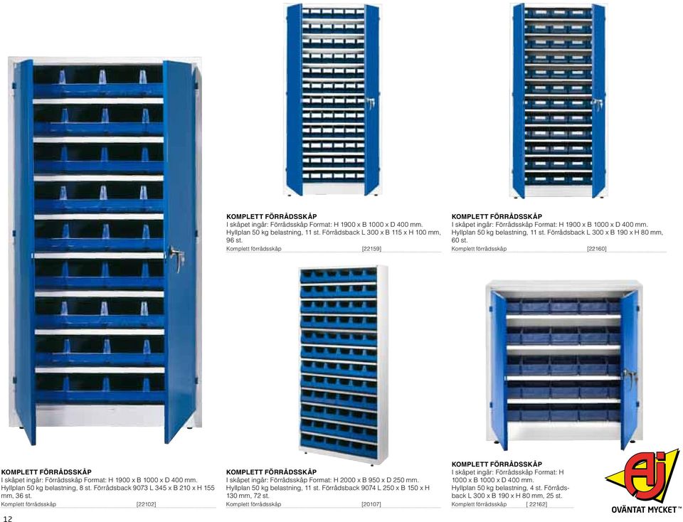 Komplett förrådsskåp [22160] Komplett förrådsskåp I skåpet ingår: Förrådsskåp Format: H 1900 x B 1000 x D 400 mm. Hyllplan 50 kg belastning, 8 st. Förrådsback 9073 L 345 x B 210 x H 155 mm, 36 st.
