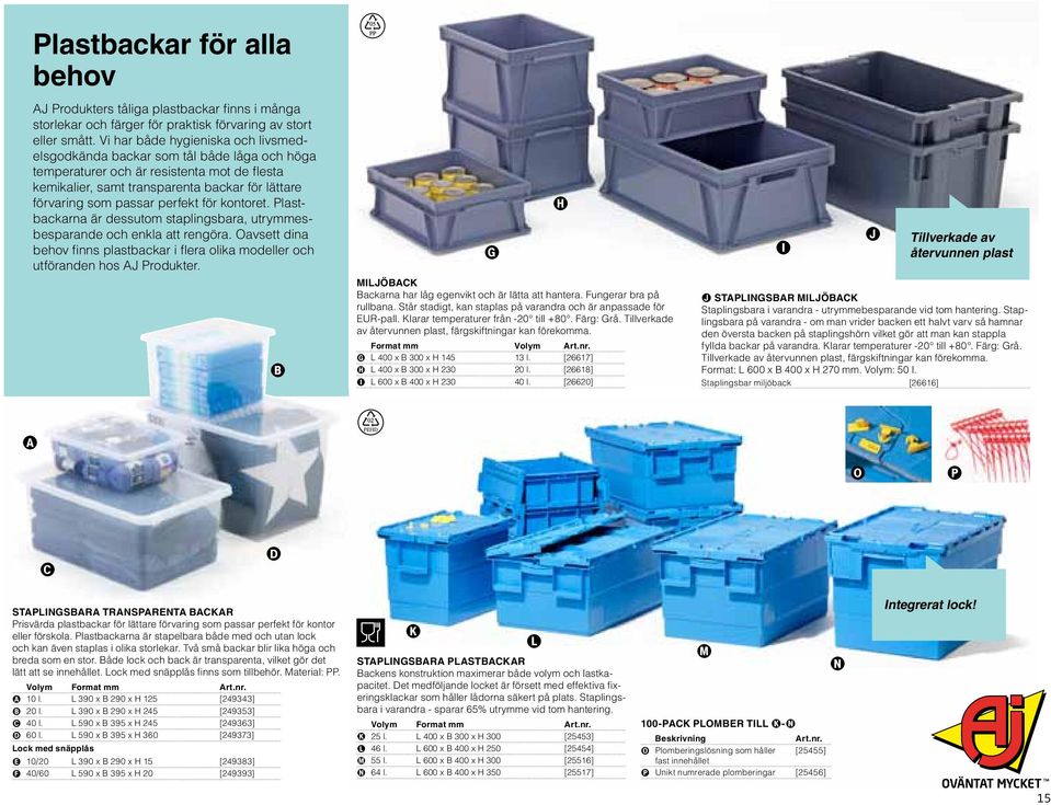 perfekt för kontoret. Plastbackarna är dessutom staplingsbara, utrymmesbesparande och enkla att rengöra. Oavsett dina behov finns plastbackar i flera olika modeller och utföranden hos AJ Produkter.