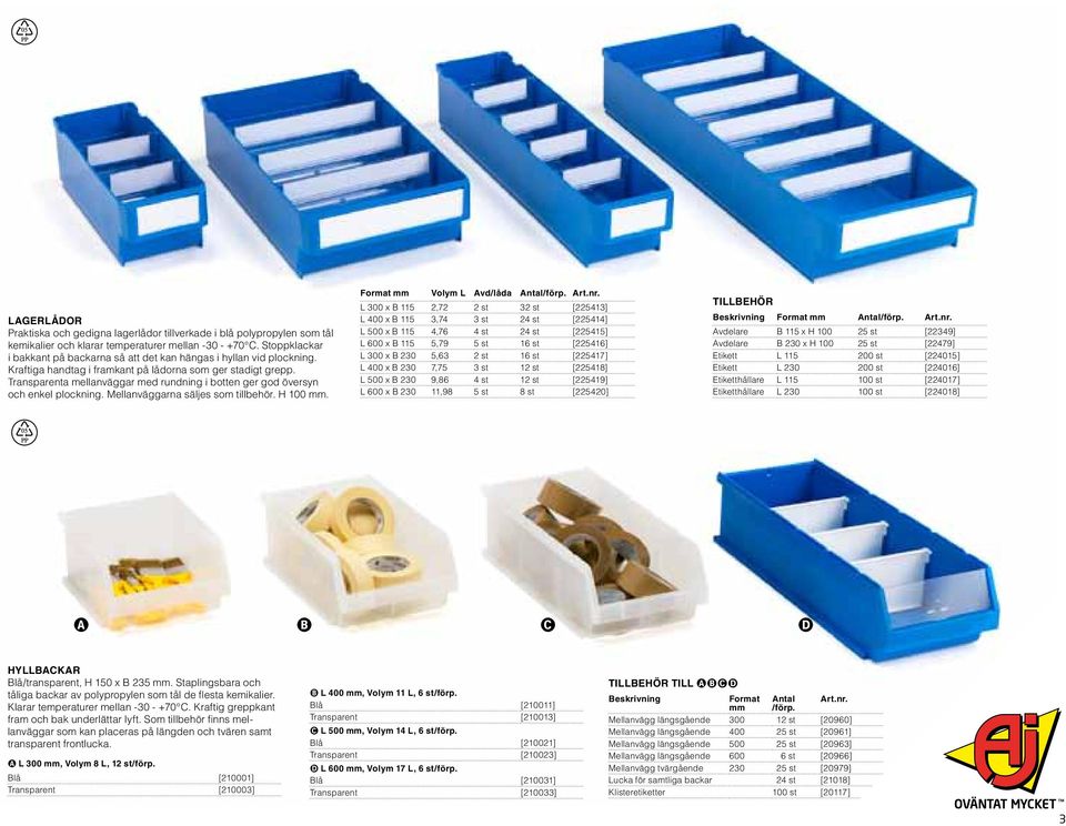 Transparenta mellanväggar med rundning i botten ger god översyn och enkel plockning. Mellanväggarna säljes som tillbehör. H 100 mm. Format mm Volym L Avd/låda Antal/förp. Art.nr.