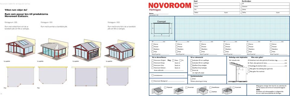 Rum med kuverttak av bandtäckt plåt. Rum med brutna hörn, tak av bandtäckt plåt och fält av isolerglas. A C B A=... mm B=... mm C=... mm D=... mm E=... mm F=.