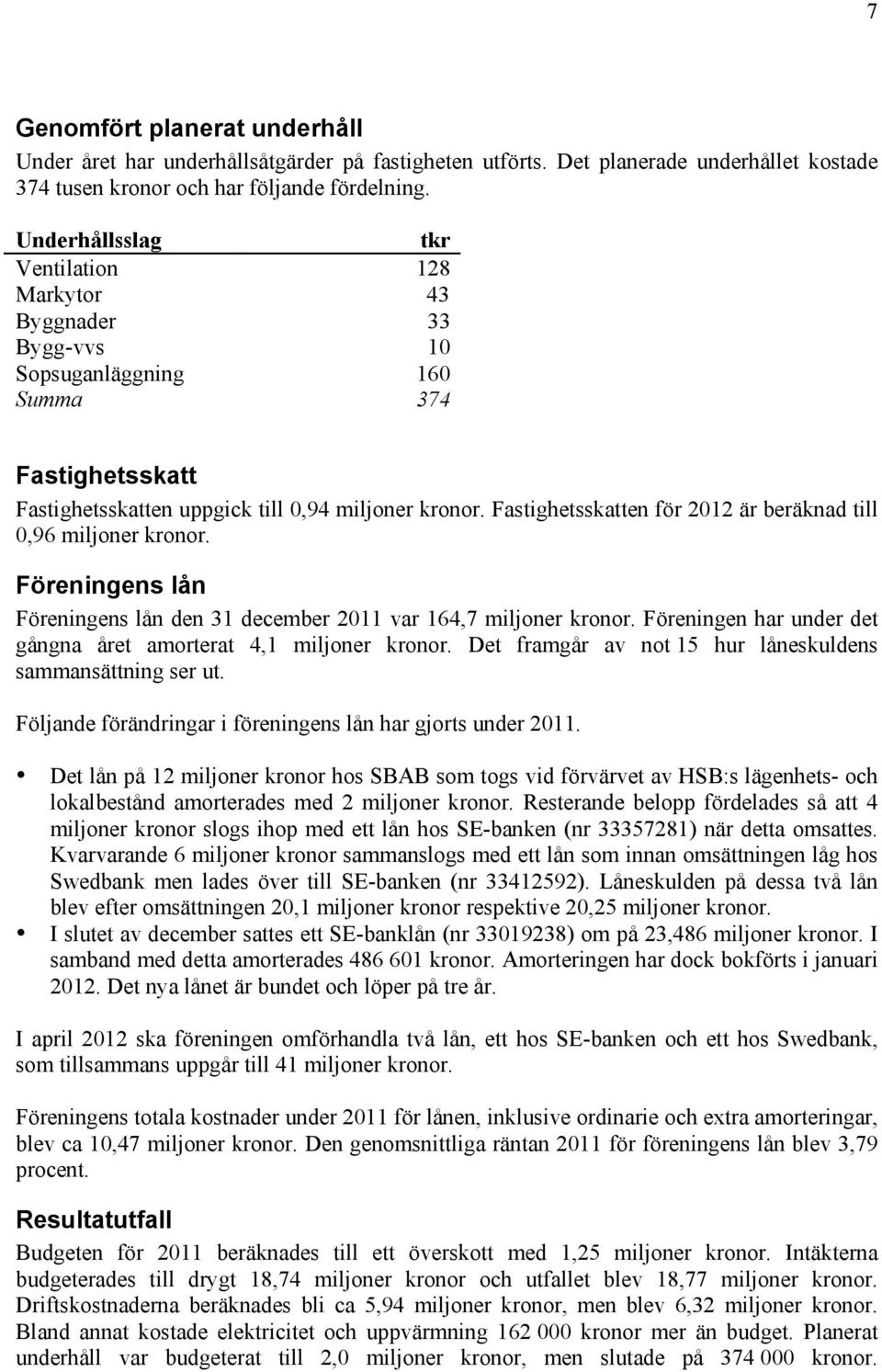 Fastighetsskatten för 2012 är beräknad till 0,96 miljoner kronor. Föreningens lån Föreningens lån den 31 december 2011 var 164,7 miljoner kronor.