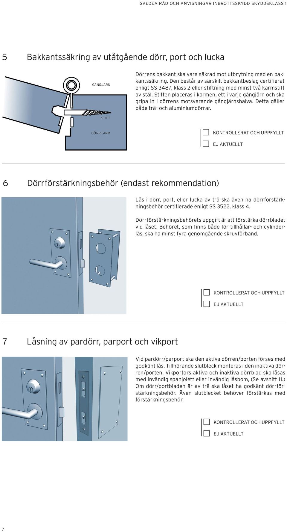 Stiften placeras i karmen, ett i varje gångjärn och ska gripa in i dörrens motsvarande gångjärnshalva. Detta gäller både trä- och aluminiumdörrar.