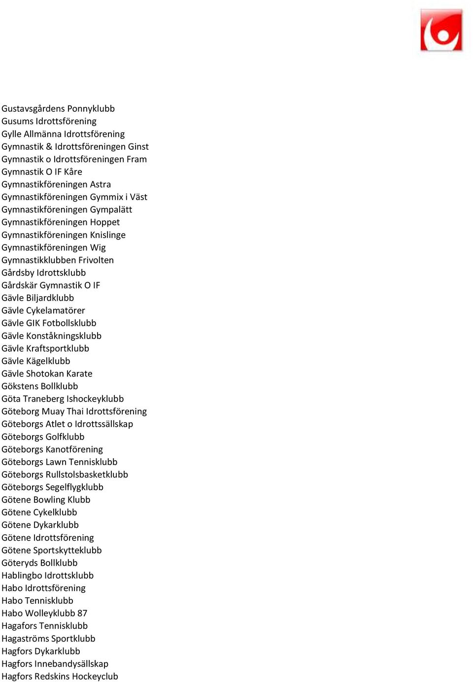 Gårdskär Gymnastik O IF Gävle Biljardklubb Gävle Cykelamatörer Gävle GIK Fotbollsklubb Gävle Konståkningsklubb Gävle Kraftsportklubb Gävle Kägelklubb Gävle Shotokan Karate Gökstens Bollklubb Göta