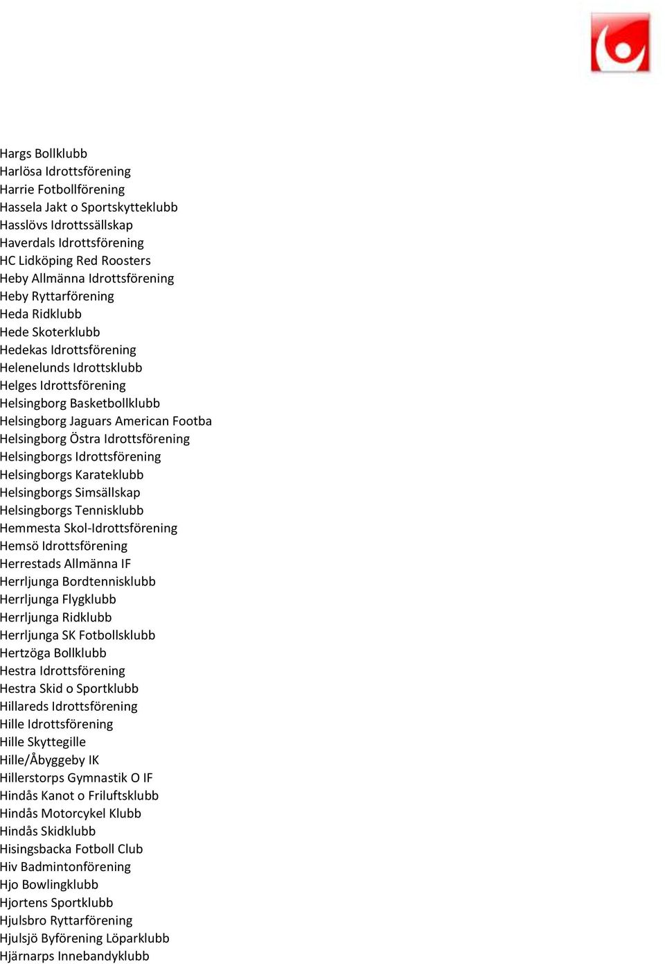 Footba Helsingborg Östra Idrottsförening Helsingborgs Idrottsförening Helsingborgs Karateklubb Helsingborgs Simsällskap Helsingborgs Tennisklubb Hemmesta Skol-Idrottsförening Hemsö Idrottsförening