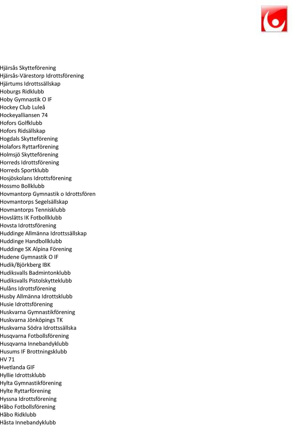 Segelsällskap Hovmantorps Tennisklubb Hovslätts IK Fotbollklubb Hovsta Idrottsförening Huddinge Allmänna Idrottssällskap Huddinge Handbollklubb Huddinge SK Alpina Förening Hudene Gymnastik O IF