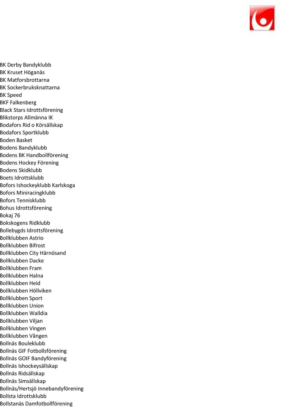 Tennisklubb Bohus Idrottsförening Bokaj 76 Bokskogens Ridklubb Bollebygds Idrottsförening Bollklubben Astrio Bollklubben Bifrost Bollklubben City Härnösand Bollklubben Dacke Bollklubben Fram