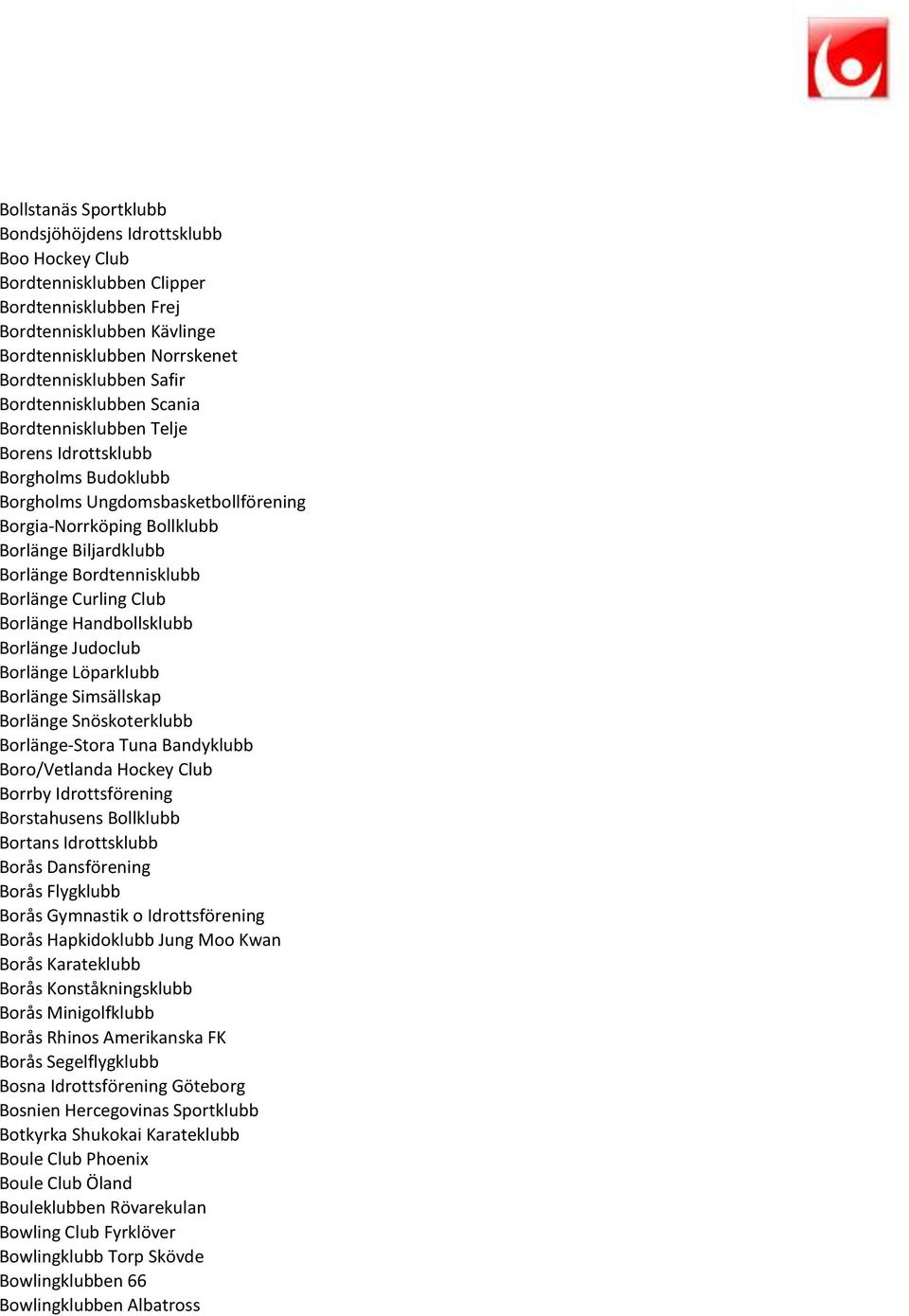 Borlänge Curling Club Borlänge Handbollsklubb Borlänge Judoclub Borlänge Löparklubb Borlänge Simsällskap Borlänge Snöskoterklubb Borlänge-Stora Tuna Bandyklubb Boro/Vetlanda Hockey Club Borrby