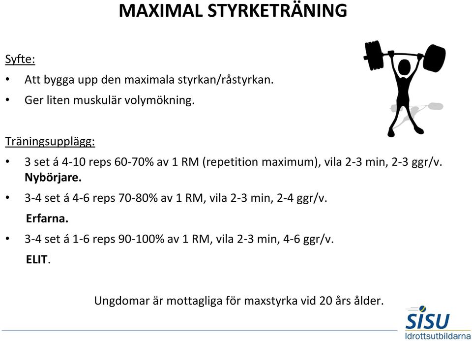 Träningsupplägg: 3 set á 4-10 reps 60-70% av 1 RM (repetition maximum), vila 2-3 min, 2-3 ggr/v.