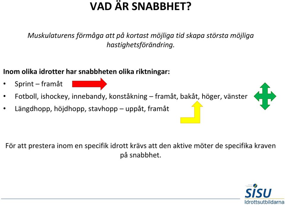 Inom olika idrotter har snabbheten olika riktningar: Sprint framåt Fotboll, ishockey, innebandy,