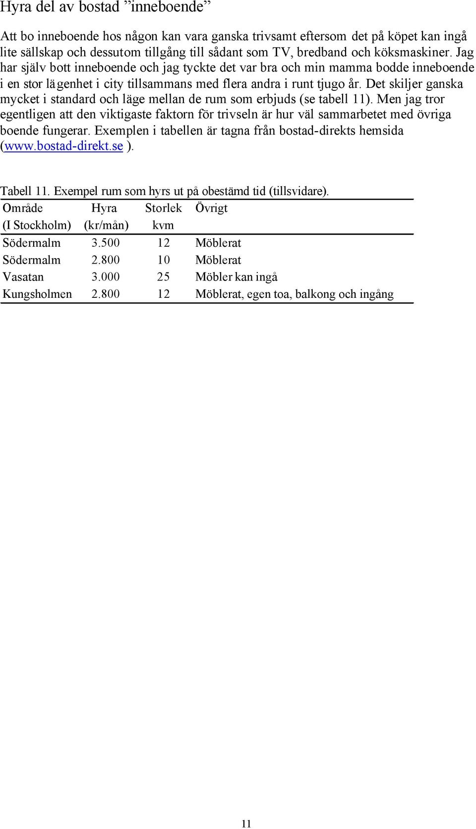 Det skiljer ganska mycket i standard och läge mellan de rum som erbjuds (se tabell 11).