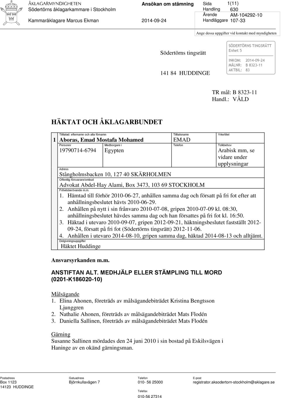 : VÅLD HÄKTAT OCH ÅKLAGARBUNDET Tilltalad: efternamn och alla förnamn Tilltalsnamn Yrke/titel 1 Aboras, Emad Mostafa Mohamed EMAD Personnr Medborgare i Telefon Tolkbehov 19790714-6794 Egypten Arabisk