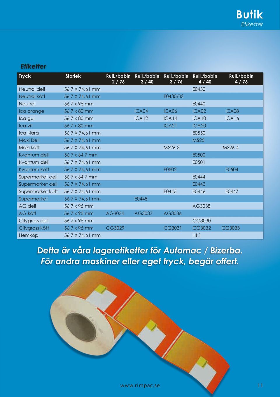 x 80 mm ICA21 ICA20 Ica Nära 56,7 X 74,61 mm E0550 Maxi Deli 56,7 X 74,61 mm MS25 Maxi kött 56,7 X 74,61 mm Kvantum deli 56,7 x 64,7 mm E0500 Kvantum deli 56,7 X 74,61 mm E0501 Kvantum kött 56,7 X