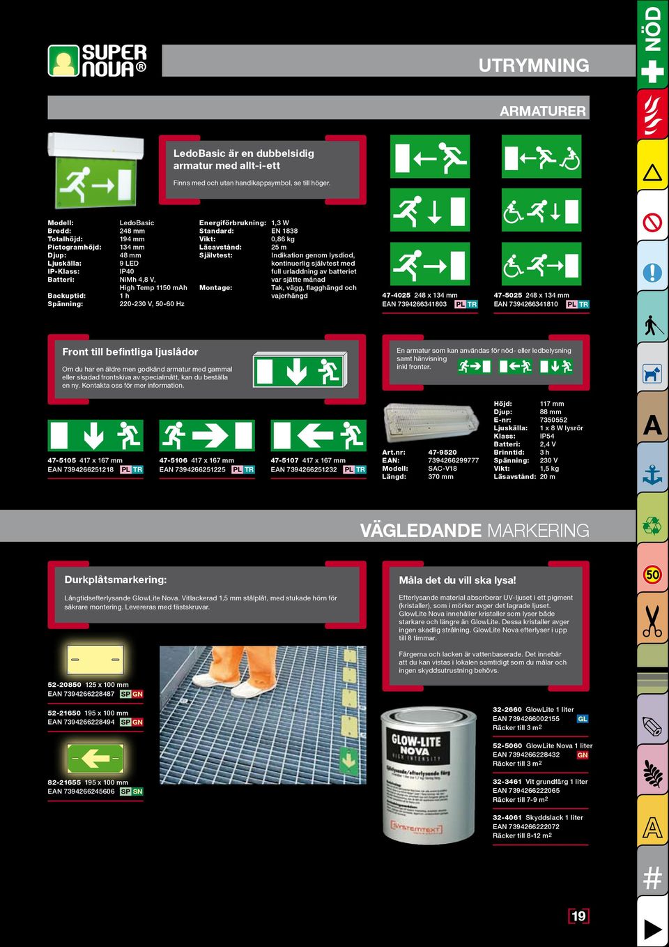 Hz Energiförbrukning: 1,3 W Standard: EN 1838 Vikt: 0,86 kg Läsavstånd: 25 m Självtest: Indikation genom lysdiod, kontinuerlig självtest med full urladdning av batteriet var sjätte månad Montage: