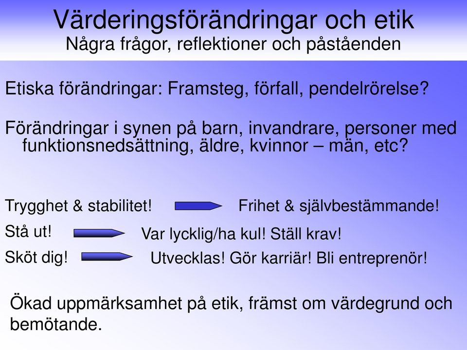 Förändringar i synen på barn, invandrare, personer med funktionsnedsättning, äldre, kvinnor män, etc?