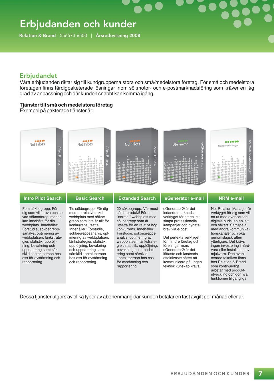 Tjänster till små och medelstora företag Exempel på pakterade tjänster är: Intro Pilot Search Basic Search Extended Search egenerator e-mail NRM e-mail Fem sökbegrepp, För dig som vill prova och se