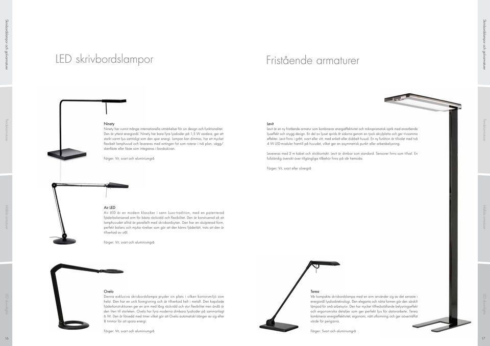 Lampan kan dimmas, har ett mycket flexibelt lamphuvud och levereras med antingen fot som roterar i två plan, vägg/ skenfäste eller fäste som integreras i bordsskivan.