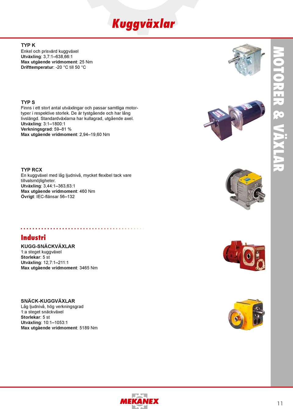 Utväxling: 3:1 1800:1 Verkningsgrad: 59 81 % utgående vridmoment: 2,94 19,60 typ RCX En kuggväxel med låg ljudnivå, mycket flexibel tack vare tillvalsmöjligheter.