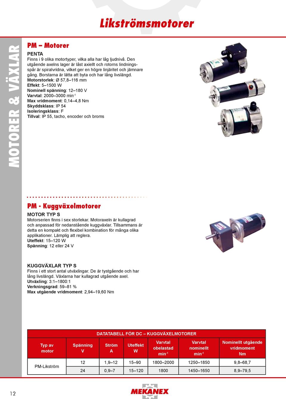 Motorstorlek: Ø 57,8 116 Effekt: 5 1500 W ominell spänning: 12 180 V Varvtal: 2000 3000 min -1 vridmoment: 0,14 4,8 Skyddsklass: IP 54 Isoleringsklass: F Tillval: IP 55, tacho, encoder och broms PM -