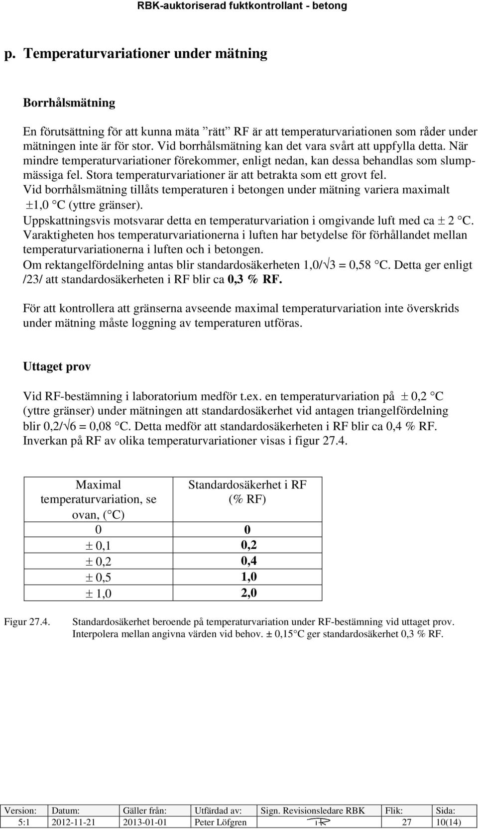 Stora temperaturvariationer är att betrakta som ett grovt fel. Vid borrhålsmätning tillåts temperaturen i betongen under mätning variera maximalt 1,0 C (yttre gränser).