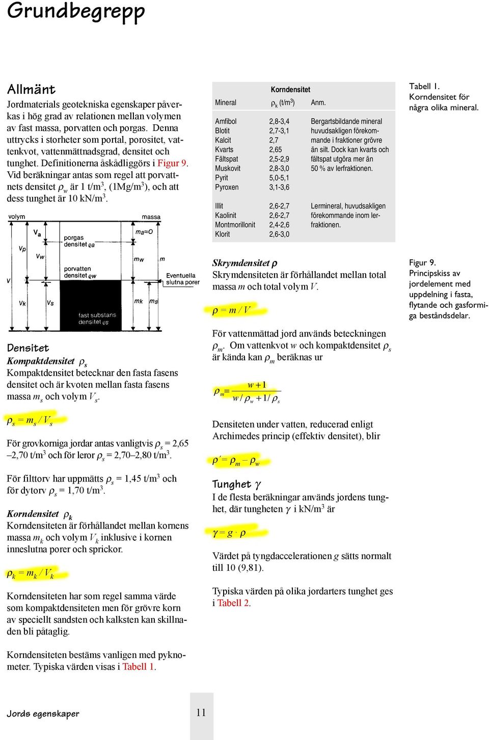 Vid beräkningar antas som regel att porvattnets densitet ρ w är 1 t/m 3, (1Mg/m 3 ), och att dess tunghet är 10 kn/m 3. Korndensitet Mineral ρ k (t/m 3 ) Anm.