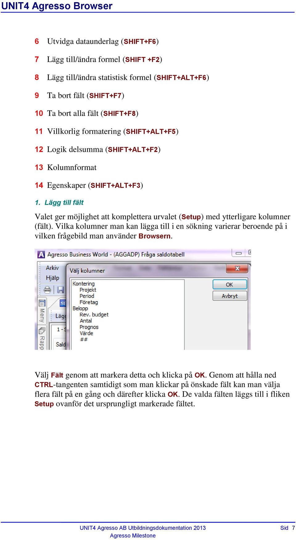 Lägg till fält Valet ger möjlighet att komplettera urvalet (Setup) med ytterligare kolumner (fält).